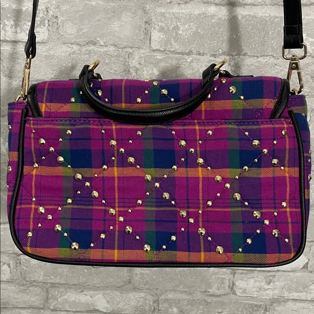 Betsey Johnson Pretty & Punk Plaid Studded Flap Satchel, Pink Multi